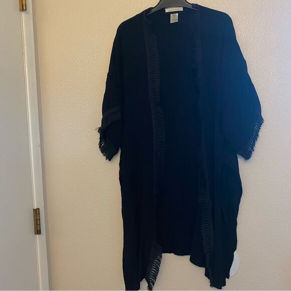 Treasure & Bond black boho fringe trim beachy coastal kimono swim coverup top OS - Picture 3 of 15